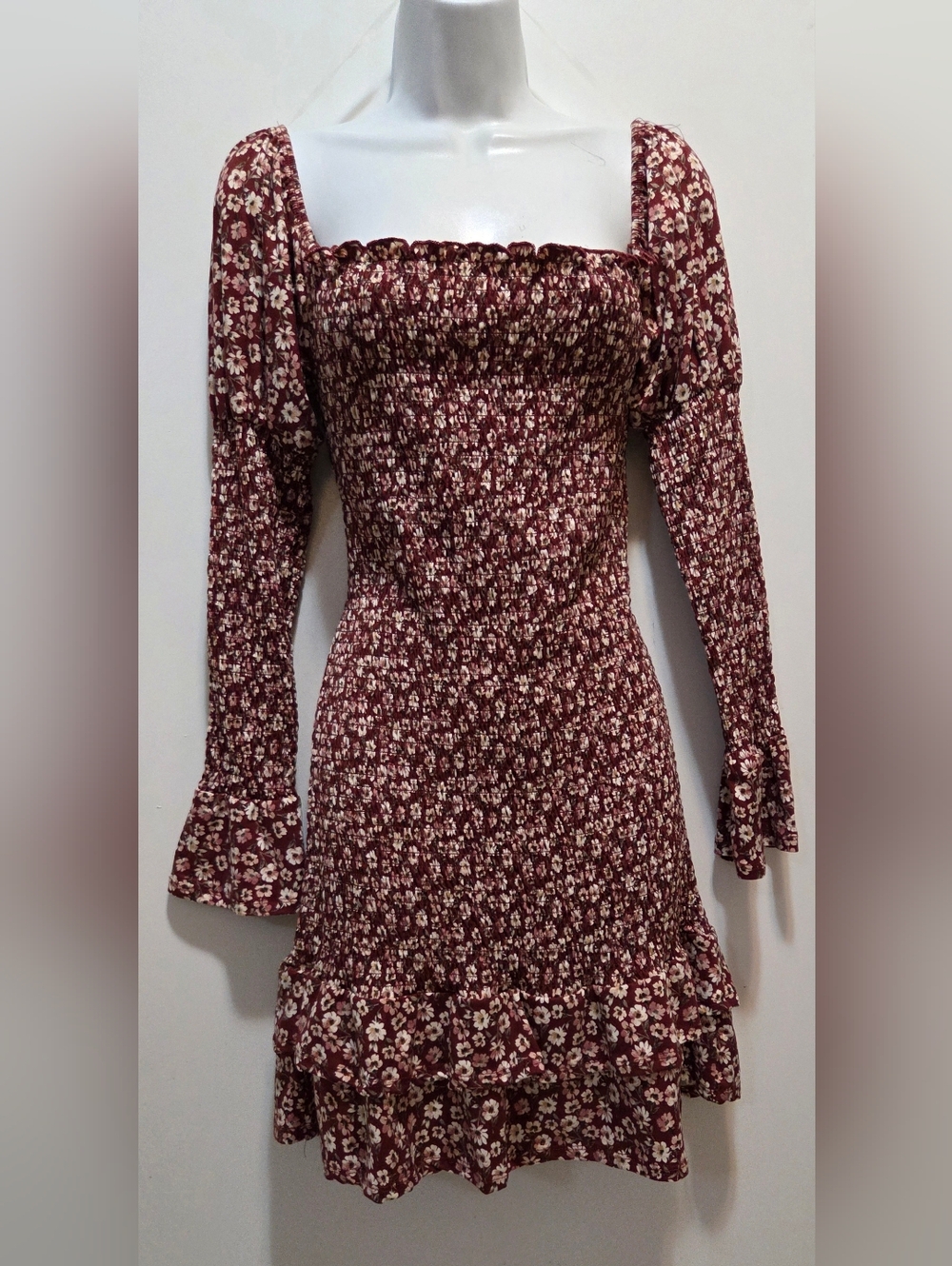 Vibe Sportswear Floral Square-Neck Long Sleeve Dress - Wine Red/Burgundy. - Picture 6 of 6